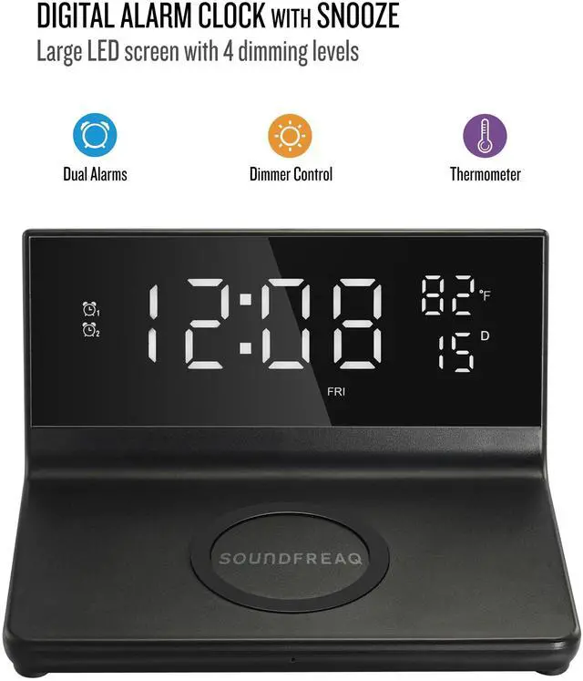 Alt view image 2 of 7 - Charge Rise II, SFQ-20: Digital Alarm Clock, with Dual Alarms, Fast USB Charger and Wireless Charger (Black)