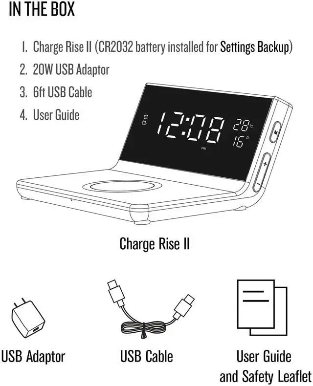 Alt view image 6 of 7 - Charge Rise II, SFQ-20: Digital Alarm Clock, with Dual Alarms, Fast USB Charger and Wireless Charger (Black)