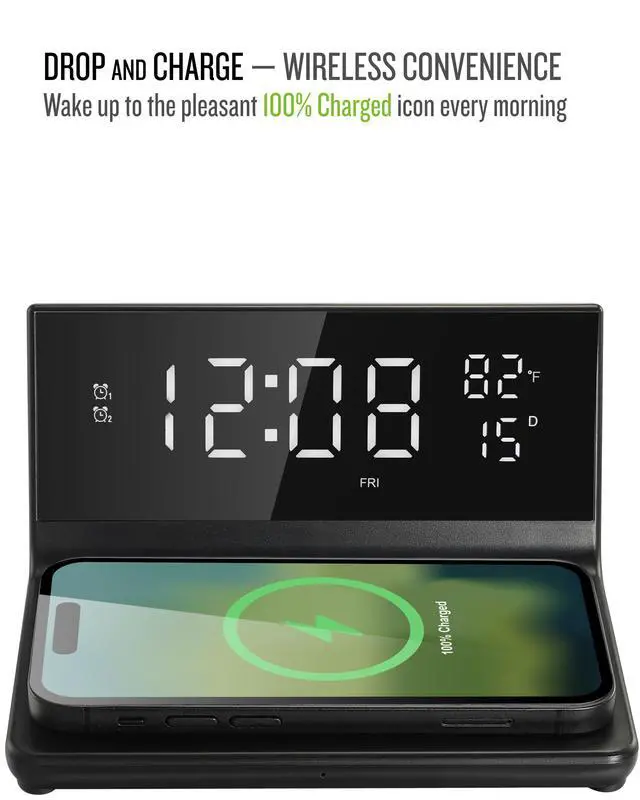 Alt view image 7 of 7 - Charge Rise II, SFQ-20: Digital Alarm Clock, with Dual Alarms, Fast USB Charger and Wireless Charger (Black)