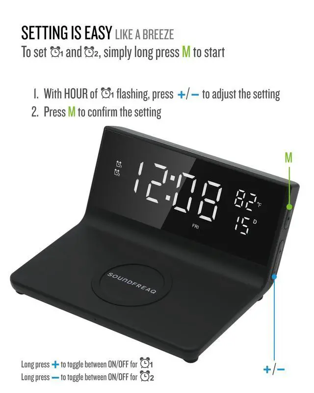 Alt view image 4 of 7 - Charge Rise II, SFQ-20: Digital Alarm Clock, with Dual Alarms, Fast USB Charger and Wireless Charger (Black)