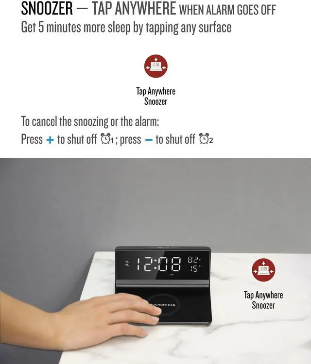 Alt view image 5 of 7 - Charge Rise II, SFQ-20: Digital Alarm Clock, with Dual Alarms, Fast USB Charger and Wireless Charger (Black)