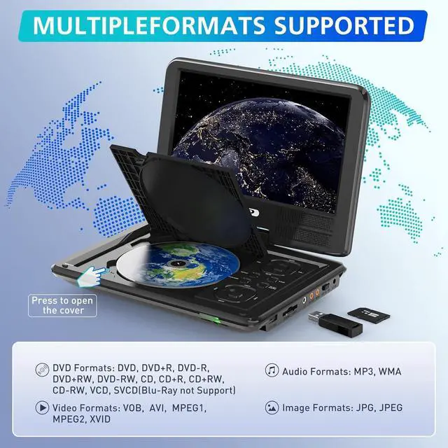 Alt view image 2 of 7 - 11.5" Portable DVD Player with 9.5" Swivel Screen, 5-Hours Rechargeable Battery, Car DVD Player for Kids,Supports SD Card/USB/CD/DVD and Multiple Disc Formats, High Volume Speaker(Inches, 9.5)