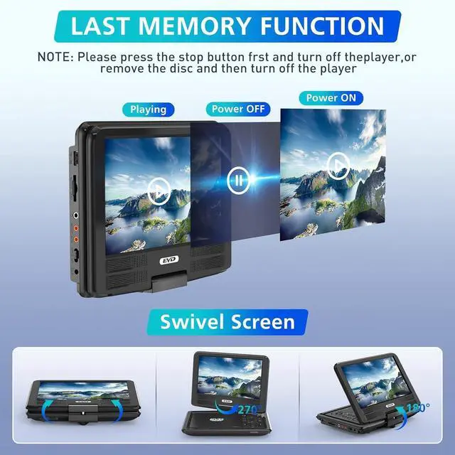 Alt view image 6 of 7 - 11.5" Portable DVD Player with 9.5" Swivel Screen, 5-Hours Rechargeable Battery, Car DVD Player for Kids,Supports SD Card/USB/CD/DVD and Multiple Disc Formats, High Volume Speaker(Inches, 9.5)