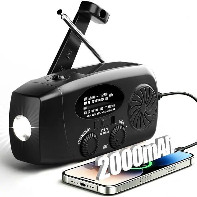 Main image of Solar Emergency Hand Crank NOAA Weather Radio with AM/FM, 2000mAh USB Phone Charger & 3 LED Flashlight, SOS Alarm for Camping, Power Outage Survival Gear