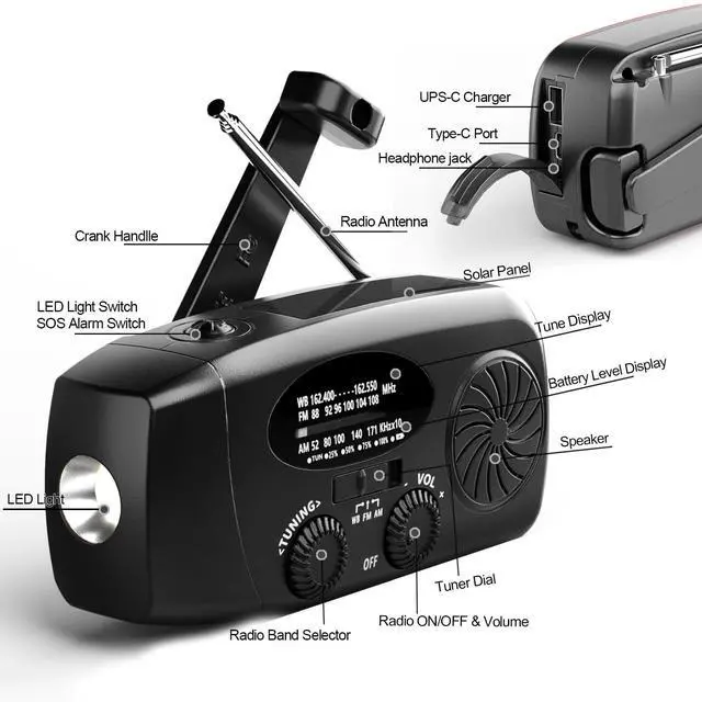 Alt view image 4 of 7 - Solar Emergency Hand Crank NOAA Weather Radio with AM/FM, 2000mAh USB Phone Charger & 3 LED Flashlight, SOS Alarm for Camping, Power Outage Survival Gear