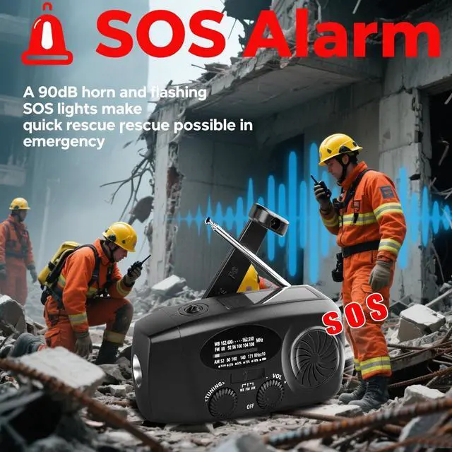 Alt view image 6 of 7 - Solar Emergency Hand Crank NOAA Weather Radio with AM/FM, 2000mAh USB Phone Charger & 3 LED Flashlight, SOS Alarm for Camping, Power Outage Survival Gear