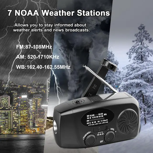 Alt view image 7 of 7 - Solar Emergency Hand Crank NOAA Weather Radio with AM/FM, 2000mAh USB Phone Charger & 3 LED Flashlight, SOS Alarm for Camping, Power Outage Survival Gear