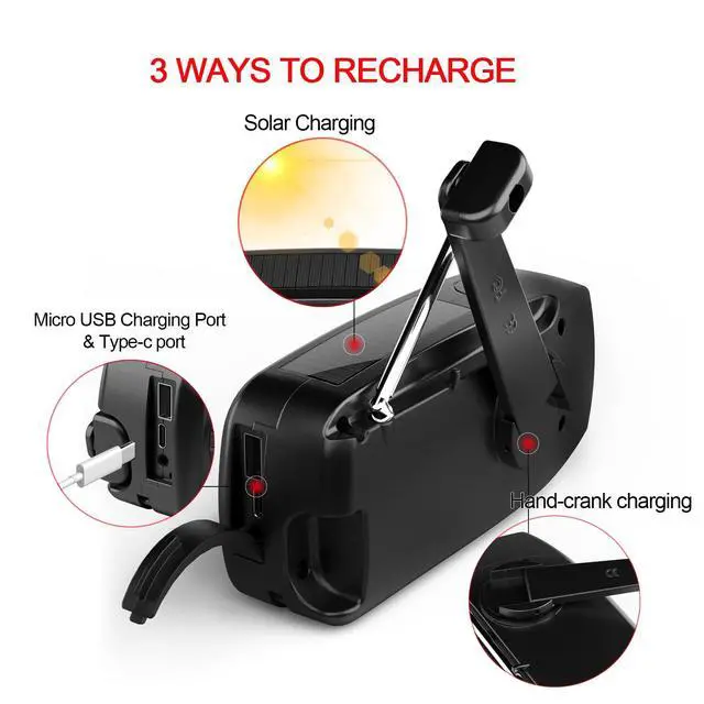 Alt view image 3 of 7 - Solar Emergency Hand Crank NOAA Weather Radio with AM/FM, 2000mAh USB Phone Charger & 3 LED Flashlight, SOS Alarm for Camping, Power Outage Survival Gear