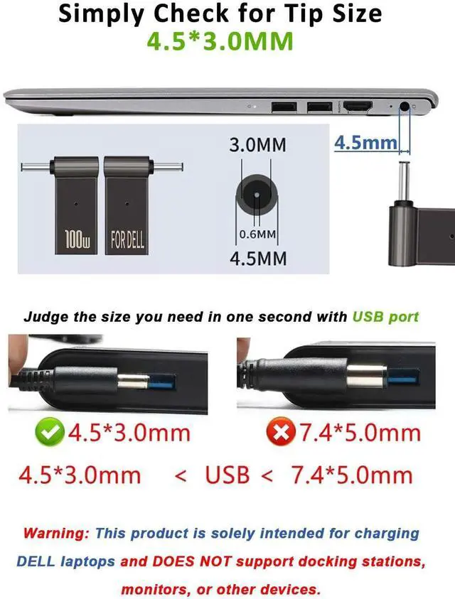 Alt view image 2 of 7 - USB C to 4.5mm Laptop Charging Adapter Female Type C to Male DC 4.5 x 3.0mm Barrel Jack Plug 100W PD Power Charger Connector Round Tip for Latitude 11 12 XPS 13 Vostro 14 5000 15 17 7000 Inspiron Dell
