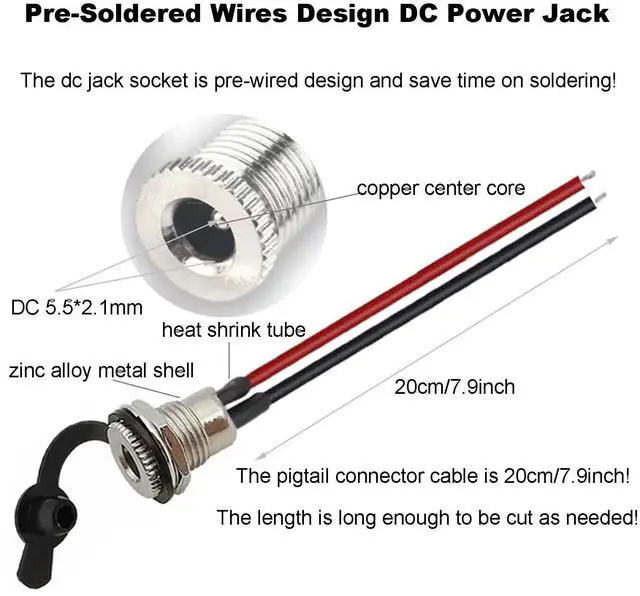 Alt view image 2 of 5 - 5Pcs 5.5 x 2.1 mm DC Power Jack Socket, Real 18AWG 20cm DC Power Cord Barrel Connectors Threaded Female Panel Mount Sockets Adapter with Dust Caps for CCTV Security Camera