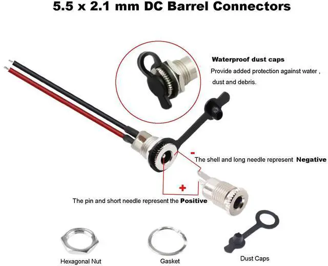 Alt view image 3 of 5 - 5Pcs 5.5 x 2.1 mm DC Power Jack Socket, Real 18AWG 20cm DC Power Cord Barrel Connectors Threaded Female Panel Mount Sockets Adapter with Dust Caps for CCTV Security Camera
