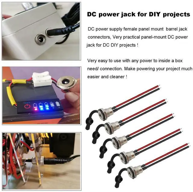 Alt view image 5 of 5 - 5Pcs 5.5 x 2.1 mm DC Power Jack Socket, Real 18AWG 20cm DC Power Cord Barrel Connectors Threaded Female Panel Mount Sockets Adapter with Dust Caps for CCTV Security Camera