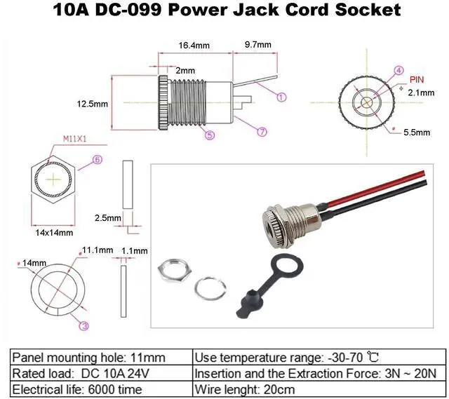 Alt view image 4 of 5 - 5Pcs 5.5 x 2.1 mm DC Power Jack Socket, Real 18AWG 20cm DC Power Cord Barrel Connectors Threaded Female Panel Mount Sockets Adapter with Dust Caps for CCTV Security Camera