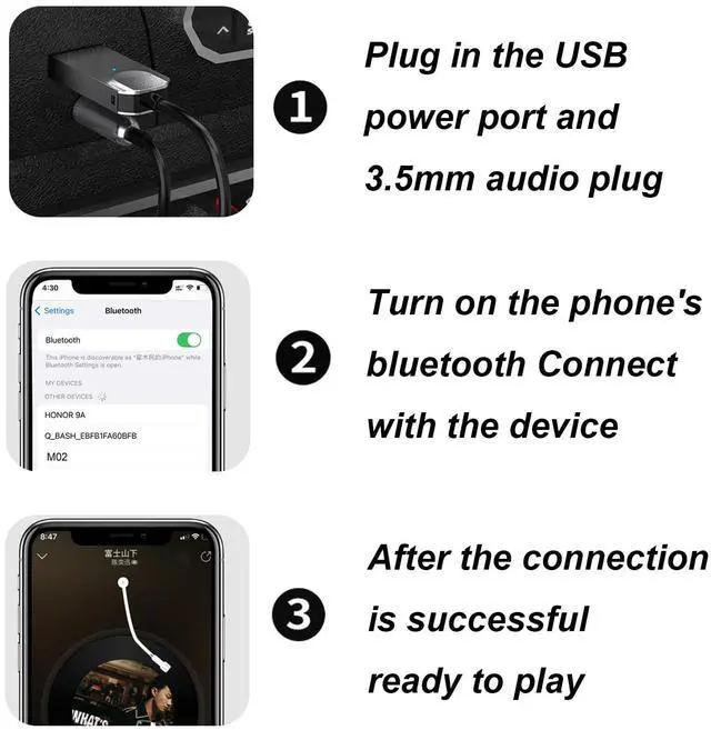 Alt view image 6 of 6 - Bluetooth 5.3 Car Aux Bluetooth Receiver,USB Powered to 3.5mm Female