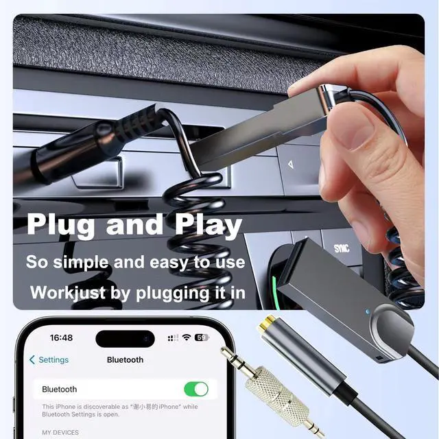 Alt view image 3 of 6 - Bluetooth 5.3 Car Aux Bluetooth Receiver,USB Powered to 3.5mm Female
