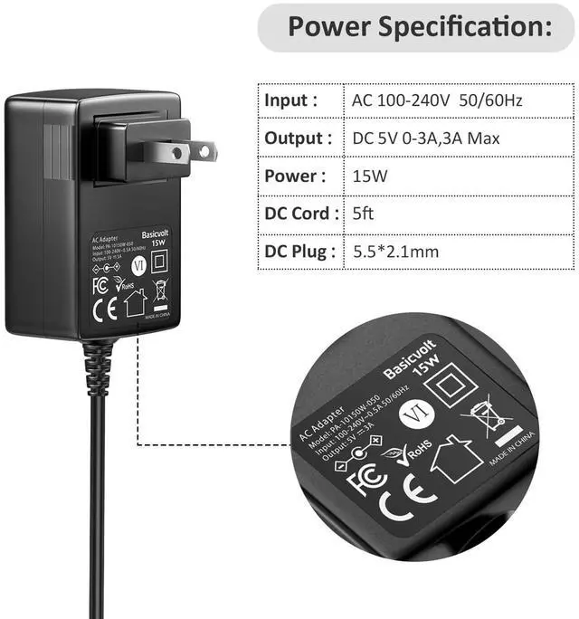 Alt view image 2 of 7 - 5V 3A 2A 1A Power Supply Adapter DC 5V Power Cord Wall Charger with 5.5x2.1mm DC Plug Jacks Tips for TV Box Tablet Speaker DVD Record Player GPS Webcam Router Alarm Clock