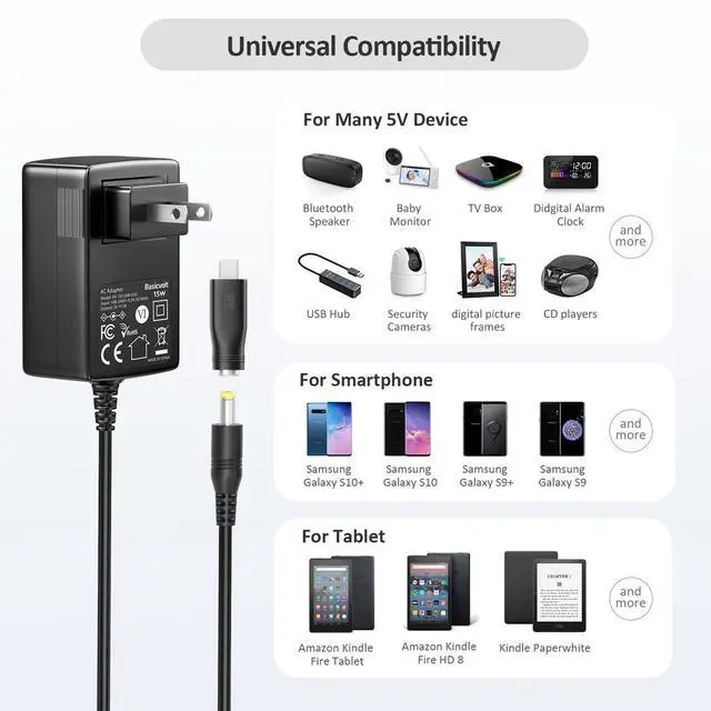 Alt view image 5 of 7 - 5V 3A 2A 1A Power Supply Adapter DC 5V Power Cord Wall Charger with 5.5x2.1mm DC Plug Jacks Tips for TV Box Tablet Speaker DVD Record Player GPS Webcam Router Alarm Clock