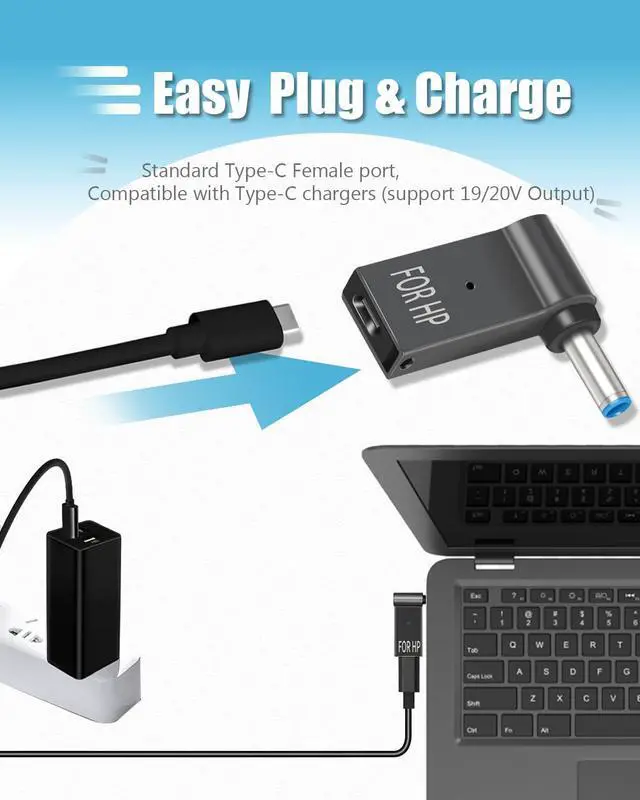 Alt view image 2 of 7 - USB C to 4.5mm Charger Convertor Type C to 4.5 x 3.0mm Plug Converter 100W PD Charger Connector for HP 15-f211wm 15-f233wm 15-f278nr, HP Envy Pavilion Stream X360 13 15 17 Chargers