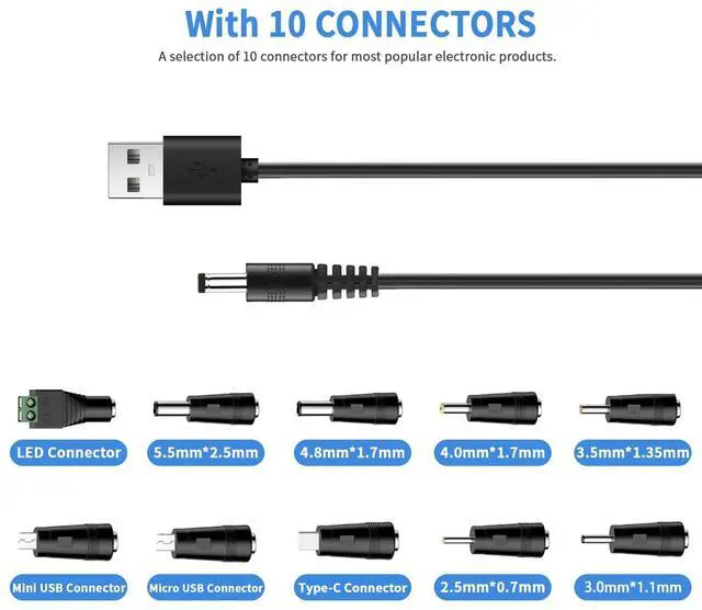 Alt view image 2 of 6 - Universal Charger Power Core, 5V USB to DC 5.5x2.1mm, Charging Cable Set with 5V 1A Adapter, 10 Connectors (Micro-USB, Type-C, Mini USB, 2.5x0.7, 3.0x1.1, 3.5x1.35, 4.0x1.7, 4.8x1.7, 5.5x2.5) 3.3FT