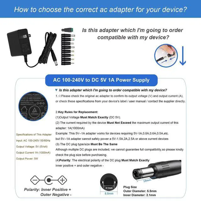 Alt view image 4 of 6 - 5V 1A DC Power Supply Adapter with Plug 5.5 x 2.1mm, 5W AC/DC Adapter 100-240V AC to DC 5V 1Amp 0.5A Replacement Power Cord with 9 Interchangeable Jacks Plug (1 Pack)