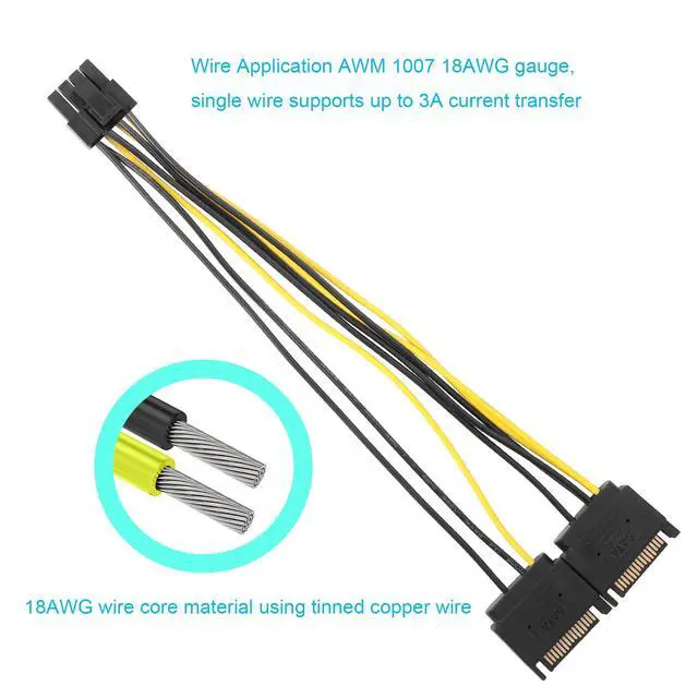 Alt view image 2 of 5 - Dual SATA 15 PIN to ATX 8PIN(6+2) Adapter GPU Power Cable 8.7in/22.0cm(Pack of 2)