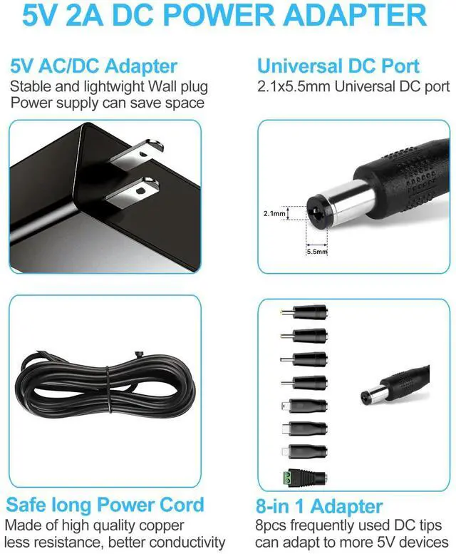 Alt view image 3 of 6 - 5V 2A Power Supply Adapter 10W AC/DC Charger AC100-240V to DC 5 Volt 2Amp 1A 1.5A Replacement Power Cord USB Type C for USB Hub TV Box Tablet Camera Baby Monitor Raspberry Webcam Router