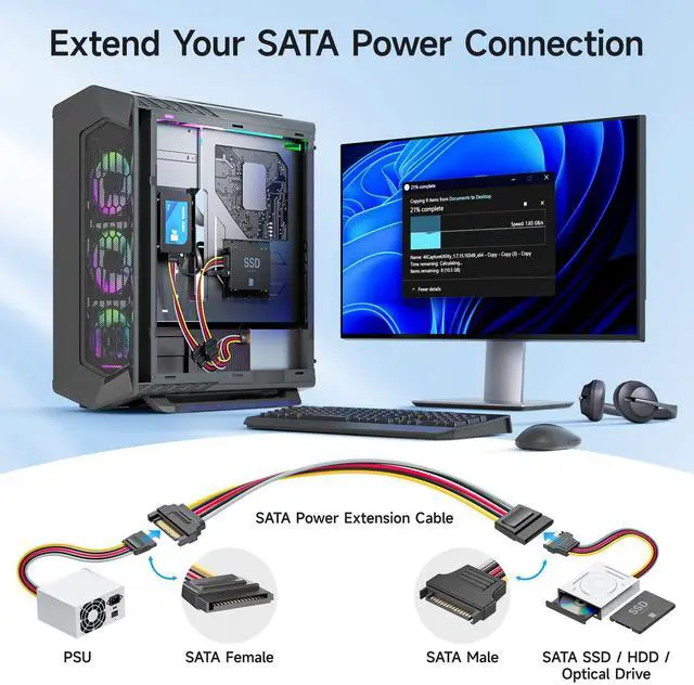 Alt view image 2 of 7 - 3-Pack 15 Pin SATA Power Extension Cable - 8 Inches, SATA Power Cable for Hard Drive and SSD