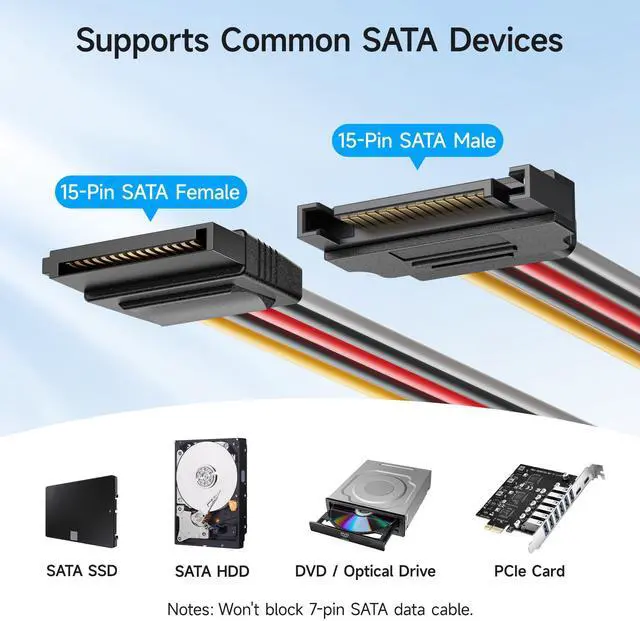 Alt view image 3 of 7 - 3-Pack 15 Pin SATA Power Extension Cable - 8 Inches, SATA Power Cable for Hard Drive and SSD