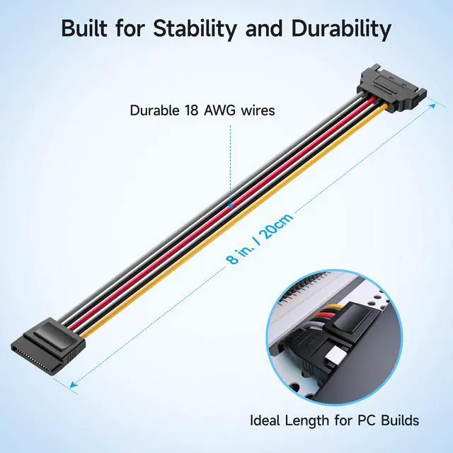 Alt view image 4 of 7 - 3-Pack 15 Pin SATA Power Extension Cable - 8 Inches, SATA Power Cable for Hard Drive and SSD