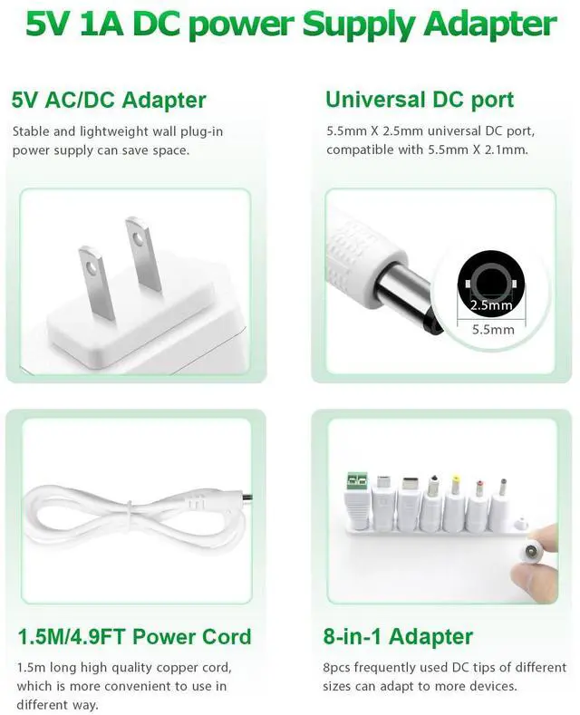 Alt view image 2 of 4 - 5V 1A Power Supply Adapter Arkare DC 5V Power Cord AC 100V-240V to DC 5 Volt 1Amp 1000mA 0.5A 500mA 800mA for Security Camera Baby Monitor Graco Swing TV Box Raspberry Pi USB Type C with 8TIPS (White)