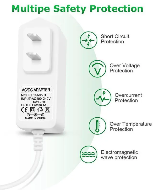 Alt view image 3 of 4 - 5V 1A Power Supply Adapter Arkare DC 5V Power Cord AC 100V-240V to DC 5 Volt 1Amp 1000mA 0.5A 500mA 800mA for Security Camera Baby Monitor Graco Swing TV Box Raspberry Pi USB Type C with 8TIPS (White)