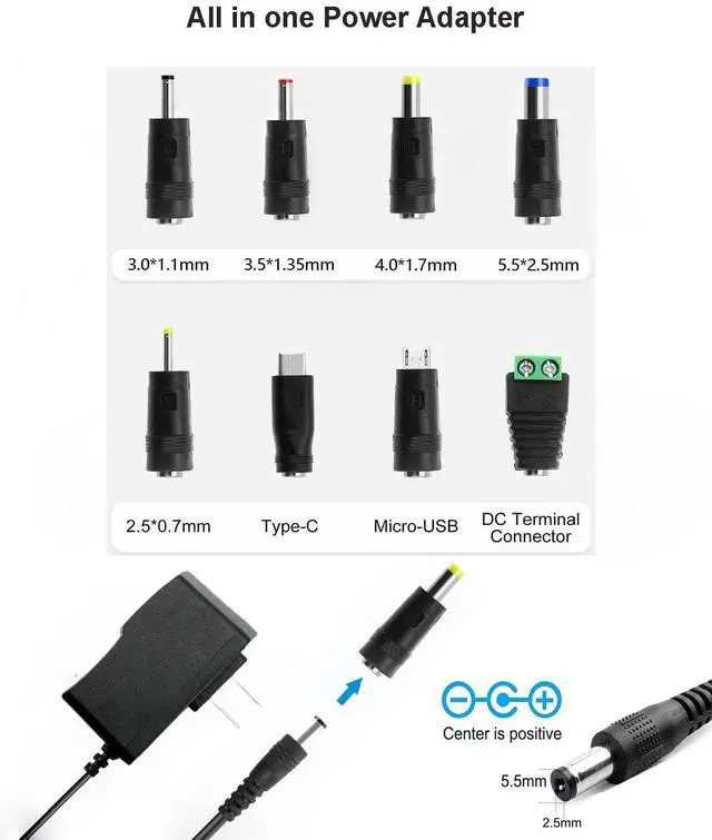 Alt view image 3 of 7 - 5V 1A Power Supply Adapter 5 Volt 1A 5W Power Adapter AC 100-240V to DC 5V with 8 DC Tips Wall Charger for Android Tablets Webcam Routers Toys Recorder Speaker & More Devices