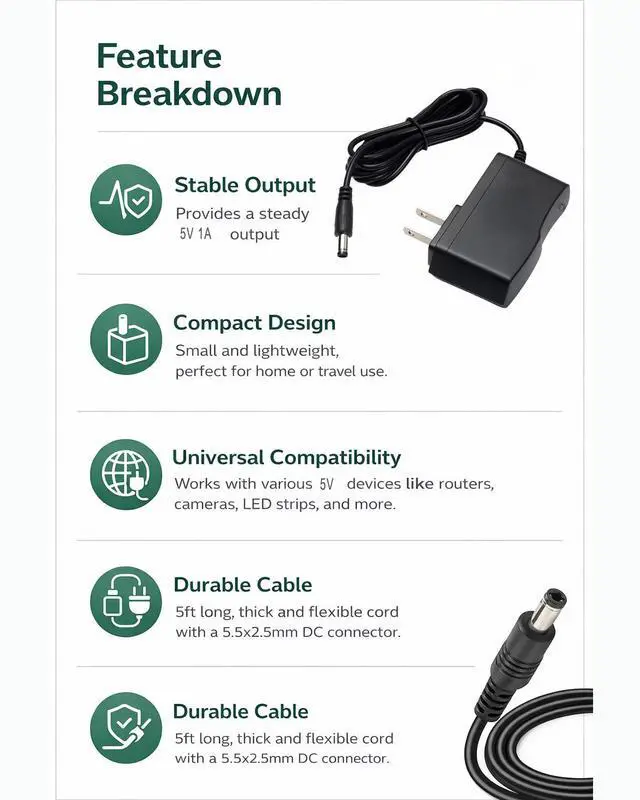 Alt view image 3 of 7 - 5V 1A Power Supply 5W AC Adapter 100-240V 50-60Hz to DC 5 Volt 1 Amp Universal Wall Power Adapter Converter with 5.5x2.5mm Plug DC 5V Power Cord for Routers Toys Recorder Speaker