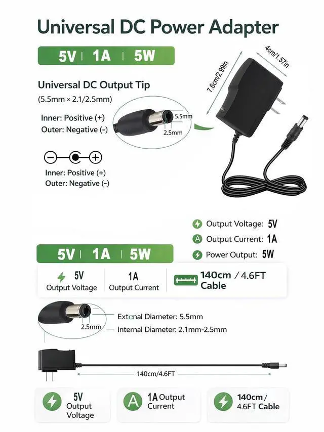Alt view image 4 of 7 - 5V 1A Power Supply 5W AC Adapter 100-240V 50-60Hz to DC 5 Volt 1 Amp Universal Wall Power Adapter Converter with 5.5x2.5mm Plug DC 5V Power Cord for Routers Toys Recorder Speaker