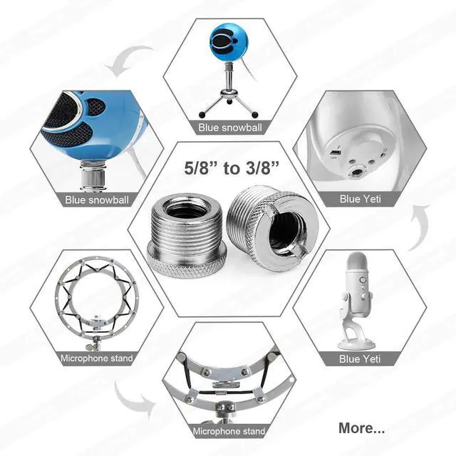 Alt view image 2 of 6 - Mic Stand Adapter 5/8 to 3/8 Adapter Male to Female Mic Screw Adapter Microphone Stand Adapter Compatible with Blue Yeti/Blue Snowball/Blue Yeti XTripod Stand Mic Microphone Stand Mount