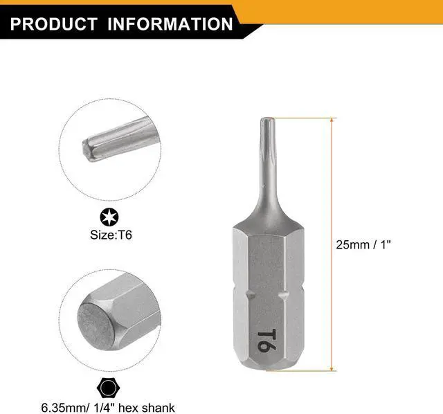 Alt view image 2 of 7 - 2pcs T6 Torx Screwdriver Bit 1/4" Hex Shank 25mm/1" Length Magnetic Star 6 Point Head Hex Bits S2 Steel Screw Driver Bit