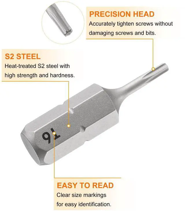 Alt view image 5 of 7 - 2pcs T6 Torx Screwdriver Bit 1/4" Hex Shank 25mm/1" Length Magnetic Star 6 Point Head Hex Bits S2 Steel Screw Driver Bit