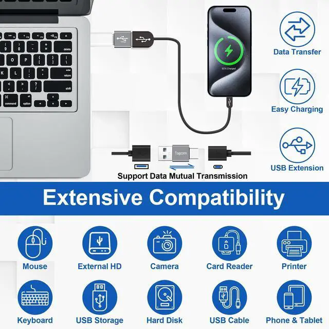 Alt view image 2 of 5 - USB to USB C Adapter 2Pack, Type-C Male to USB Type-A Male Converter Connector,Support 3A Charge & 10Gbps Data Transfer Compatible with Phones, Computers, Tablet, Laptop and More