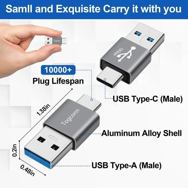 Alt view image 3 of 5 - USB to USB C Adapter 2Pack, Type-C Male to USB Type-A Male Converter Connector,Support 3A Charge & 10Gbps Data Transfer Compatible with Phones, Computers, Tablet, Laptop and More