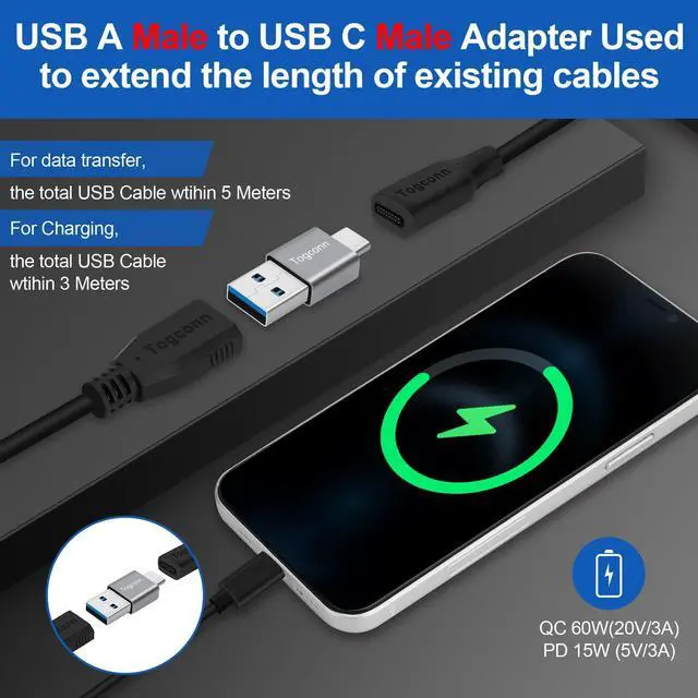 Alt view image 5 of 5 - USB to USB C Adapter 2Pack, Type-C Male to USB Type-A Male Converter Connector,Support 3A Charge & 10Gbps Data Transfer Compatible with Phones, Computers, Tablet, Laptop and More