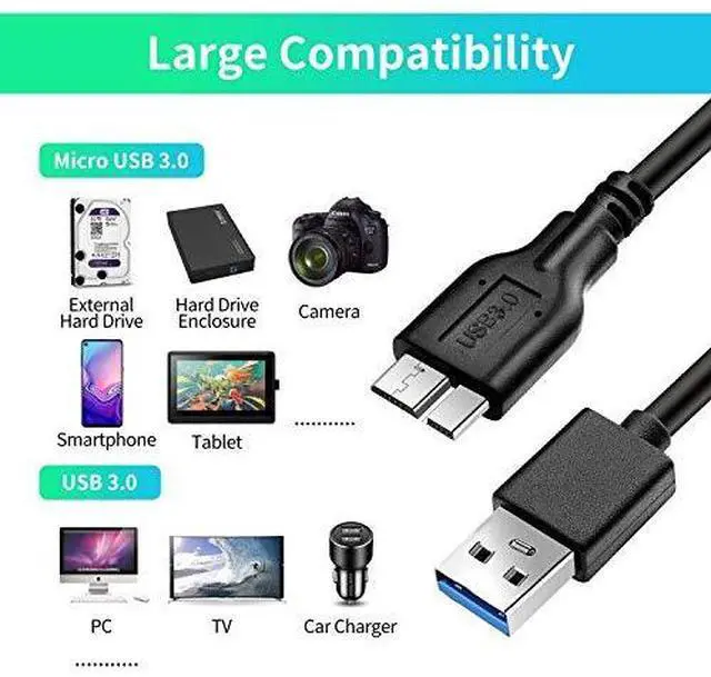 Alt view image 7 of 7 - Micro B Cable, USB 3.0 A Male to Micro USB 3.0 Sync Cord,Data Wire for Toshiba,Seagate,Samsung,WD, My Passport and More External Hard Drive(1ft/35cm/Black)