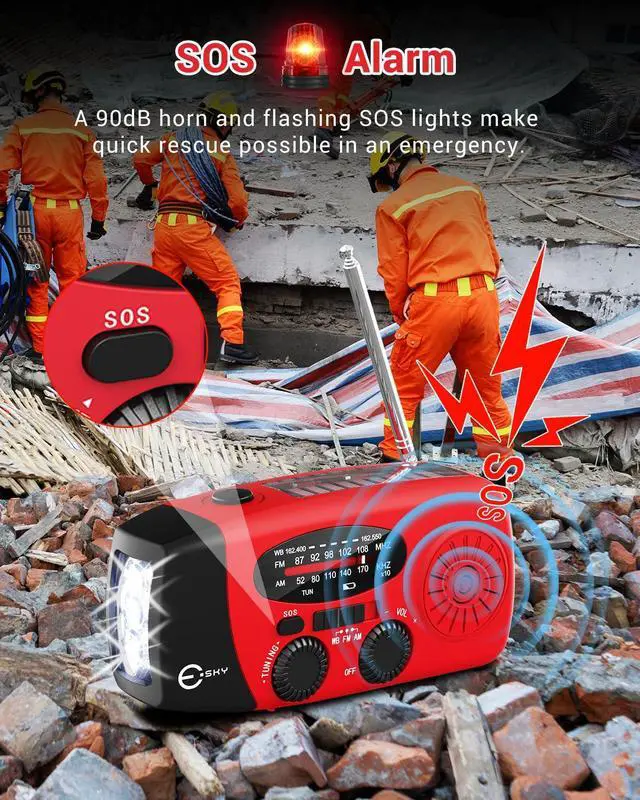 Alt view image 7 of 7 - Emergency Hand Crank Radio 7400mWh with 3 LED Flashlight, AM/FM/NOAA Portable Weather Radio with Rechargeable 2000mAh Battery, Solar Powered Radio for Indoor Outdoor Survival Camping, SOS Alarm
