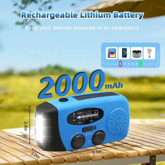 Alt view image 5 of 7 - Hand Crank Weather Radio, NOAA Emergency Radio Portable AM/FM Solar Powered 7400mWh with Flashlight, SOS Siren & Phone Charger for Camping & Survival(Blue)