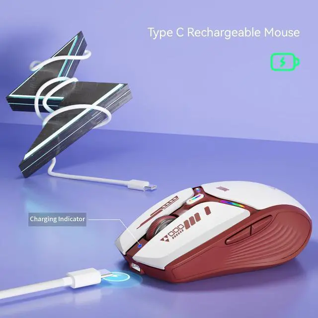 Alt view image 4 of 7 - V19 Wireless Mouse, 2.4GHz Rechargeable Mouse LED with Battery Indicator, Magnetic Computer Mice with USB Receiver & Type-C Adapter for Laptop/PC/Mac/Chromebook-Red