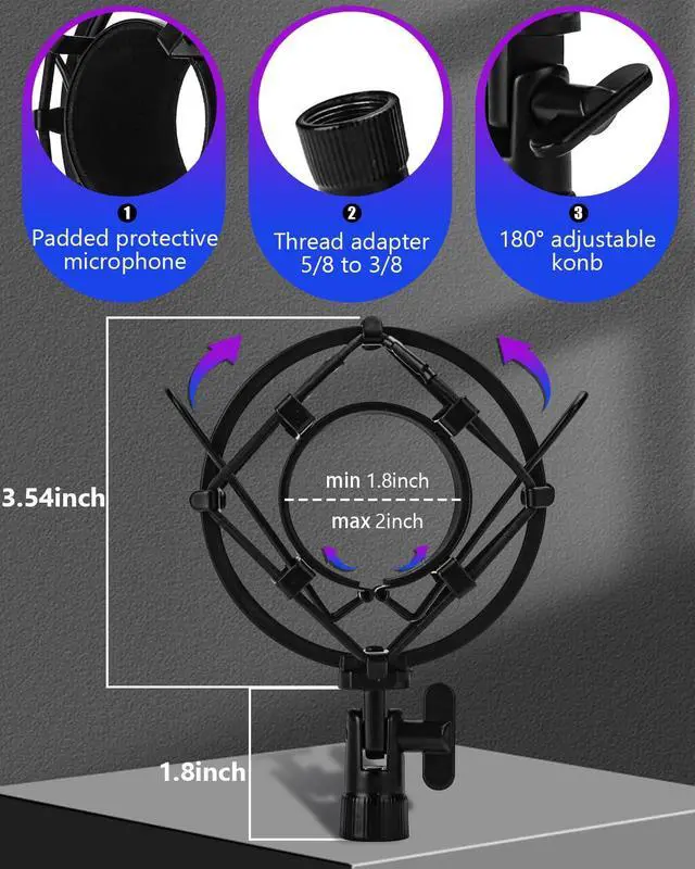 Alt view image 2 of 7 - Universal Microphone Shock Mount, Mic Clip Holder for Diameter 47mm-53mm Mic Anti Vibration Adjustable High Isolation Shock Mount
