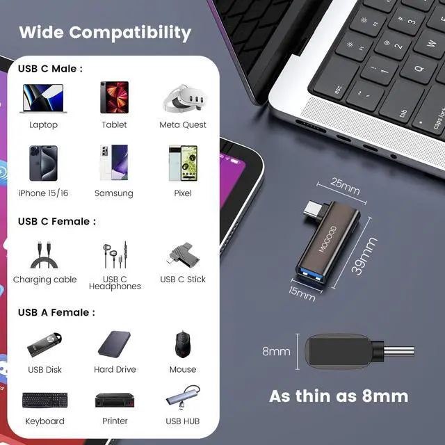 Alt view image 7 of 7 - 2-in-1 USB C OTG Adapter with 100W PD Charging, USB 3.0 Port, Right Angle for Galaxy S24, Quest 3, iPad, Chromecast, Pi-KVM Data & Charge Simultaneously