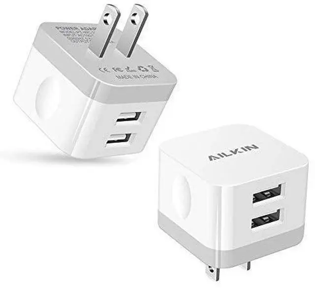 Main image of 2Pack USB Wall Charger Plug, AILKIN 2.4A Dual Port USB Adapter Power Cube Fast Charging Station Box Base for iPhone 17 16 15 14 13 12 Pro Max SE 11 XR XS, Samsung, Phones Charge Block-White Brick