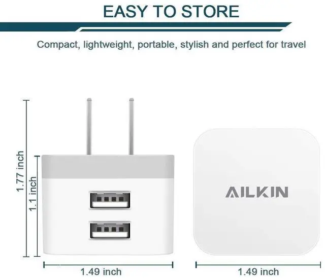 Alt view image 2 of 7 - 2Pack USB Wall Charger Plug, AILKIN 2.4A Dual Port USB Adapter Power Cube Fast Charging Station Box Base for iPhone 17 16 15 14 13 12 Pro Max SE 11 XR XS, Samsung, Phones Charge Block-White Brick