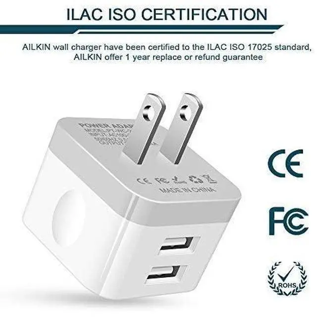 Alt view image 3 of 7 - 2Pack USB Wall Charger Plug, AILKIN 2.4A Dual Port USB Adapter Power Cube Fast Charging Station Box Base for iPhone 17 16 15 14 13 12 Pro Max SE 11 XR XS, Samsung, Phones Charge Block-White Brick