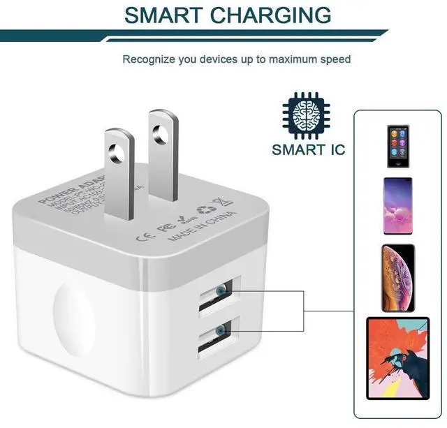 Alt view image 4 of 7 - 2Pack USB Wall Charger Plug, AILKIN 2.4A Dual Port USB Adapter Power Cube Fast Charging Station Box Base for iPhone 17 16 15 14 13 12 Pro Max SE 11 XR XS, Samsung, Phones Charge Block-White Brick